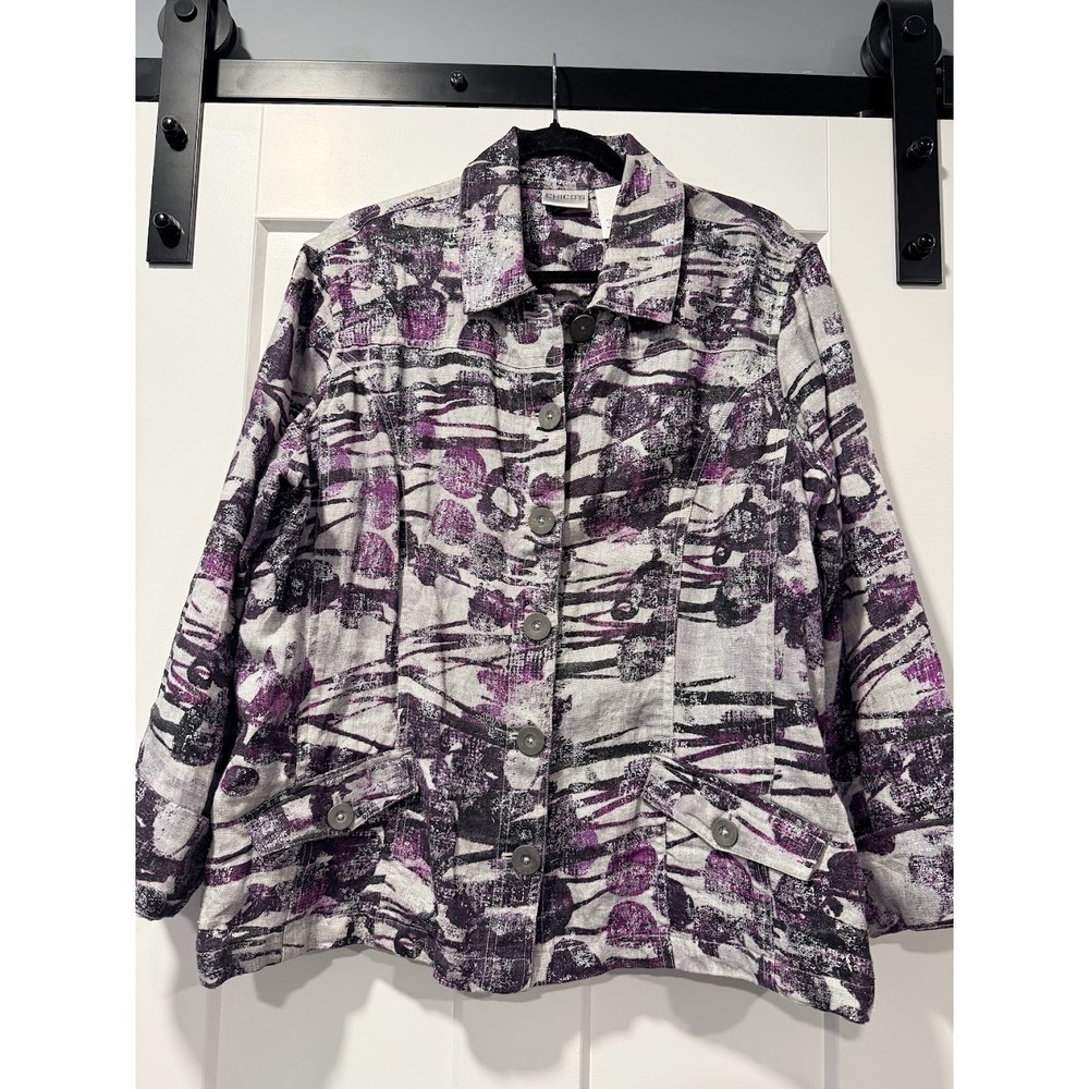Chico's Abstract Print Button-Front Jacket in Purple, Black & White size 3 or xl